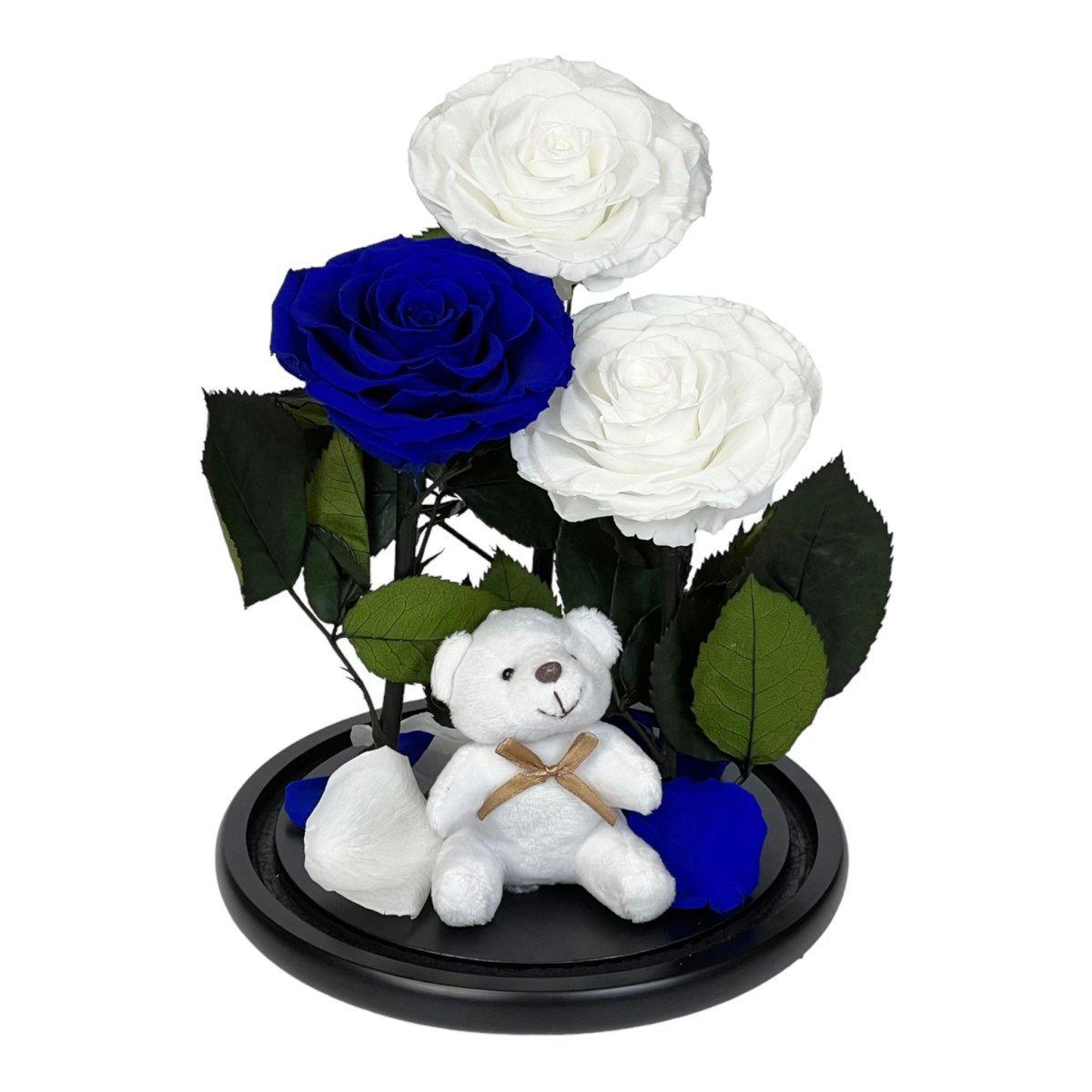 3 Trandafiri Criogenati 2 Albi 1 Albastru În Cupolă De Sticlă Cu Ursuleț Pluș - Trandafir - Criogenat.ro