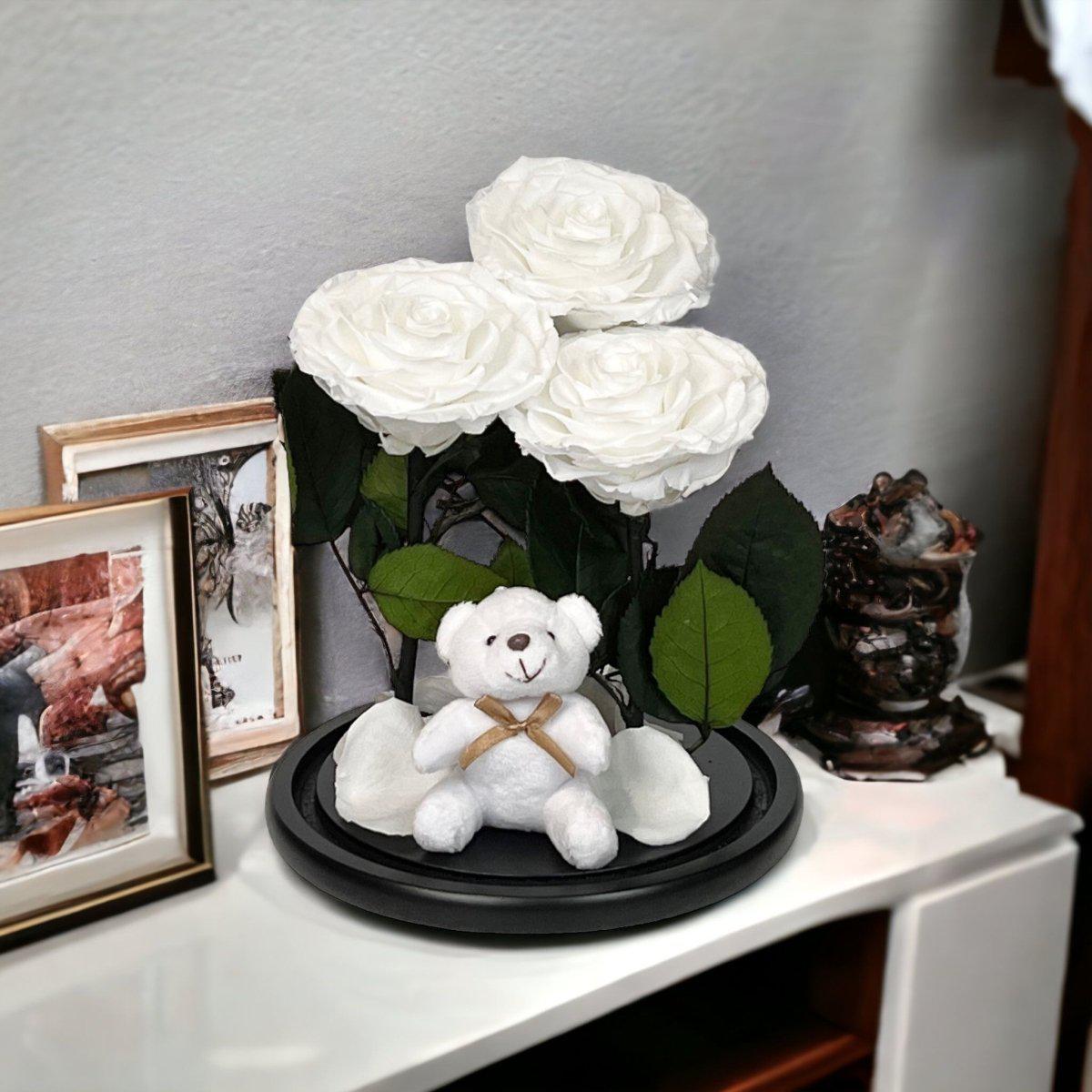 3 Trandafiri Criogenati Albi în Cupola de Sticlă cu Ursuleț Plush Cadou Special - Trandafir - Criogenat.ro