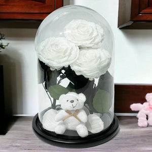 3 Trandafiri Criogenati Albi în Cupola de Sticlă cu Ursuleț Plush Cadou Special - Trandafir - Criogenat.ro