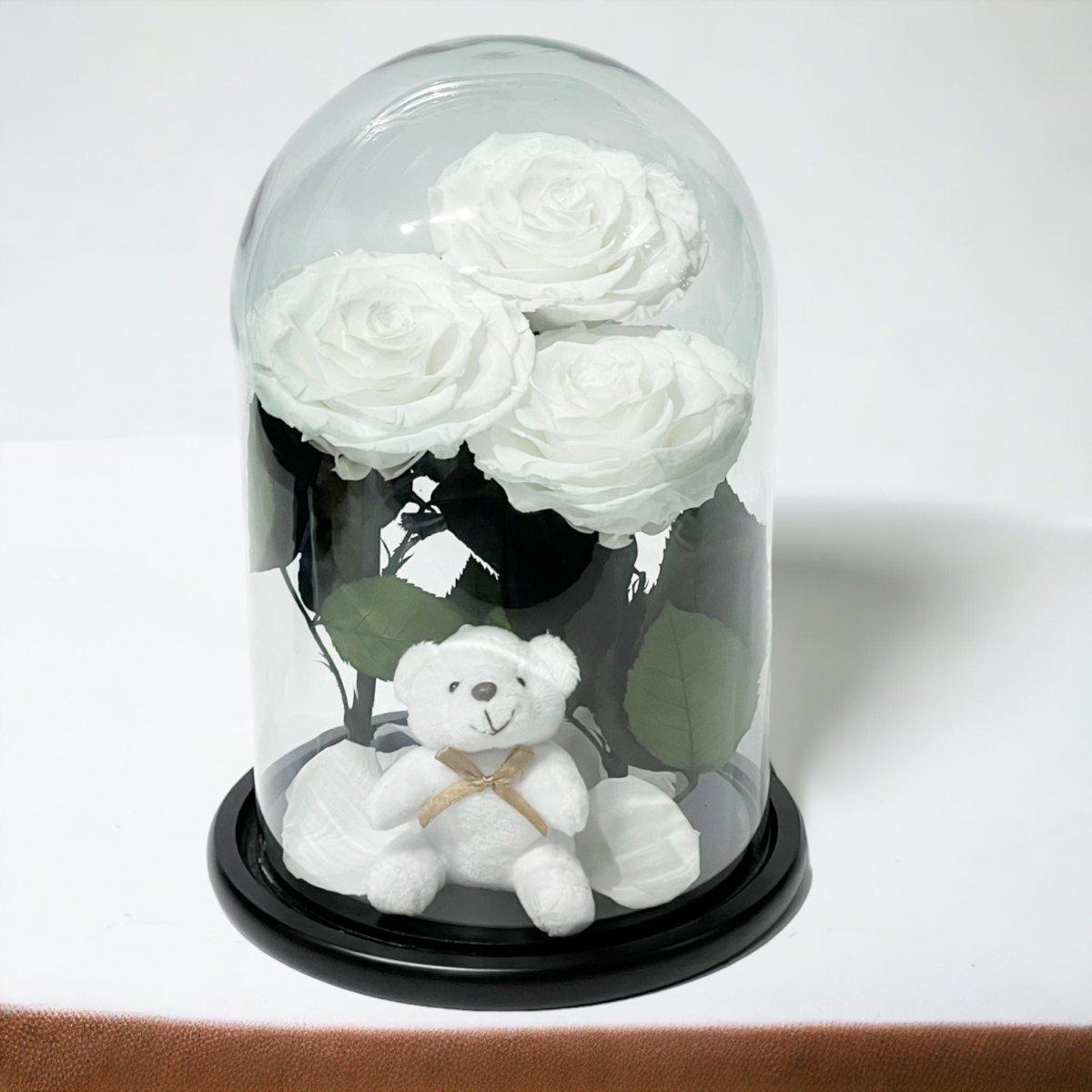 3 Trandafiri Criogenati Albi în Cupola de Sticlă cu Ursuleț Plush Cadou Special - Trandafir - Criogenat.ro