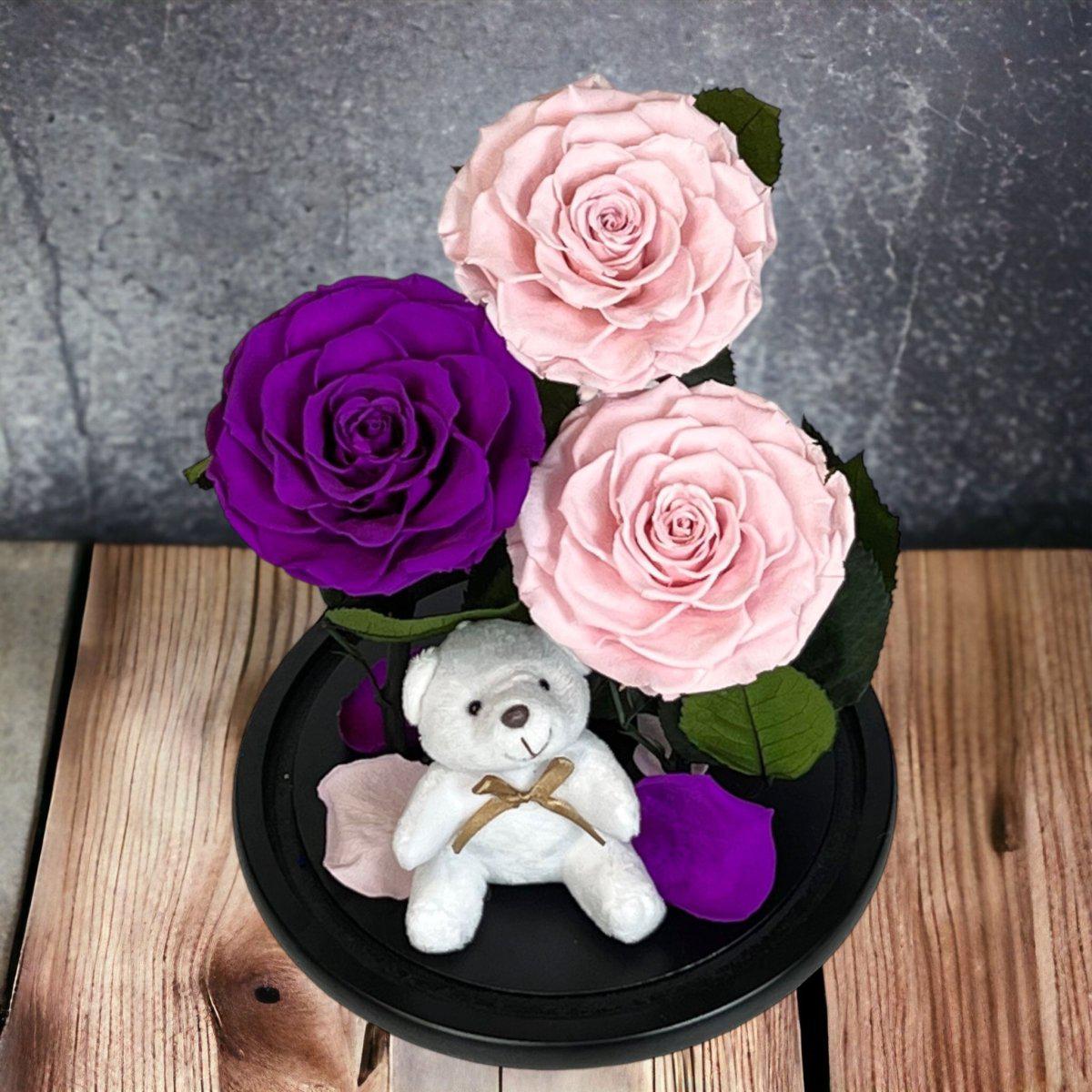 3 Trandafiri Criogenați Deosebiți Roz și Purpuriu în Cupolă de Sticlă Elegantă - Trandafir - Criogenat.ro