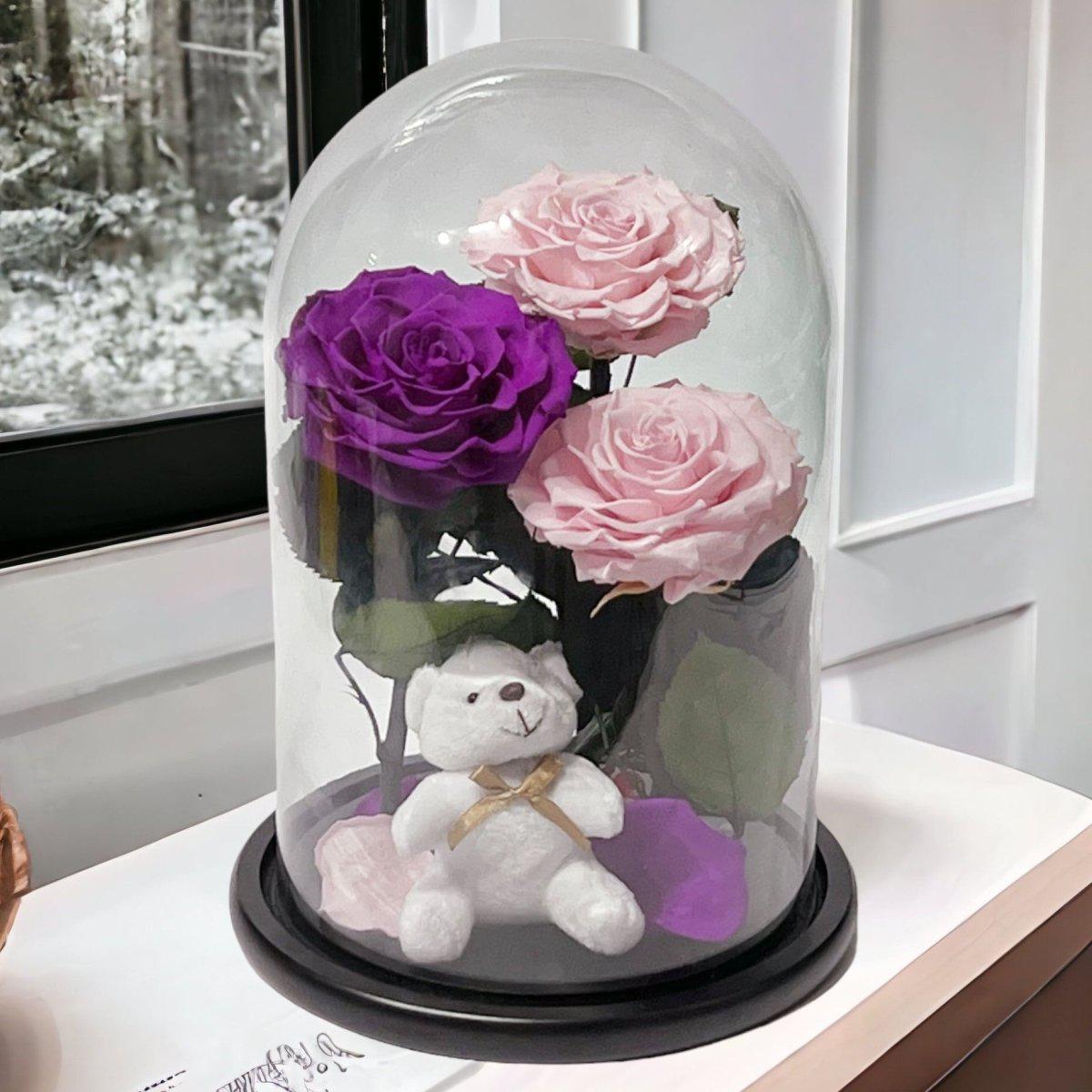 3 Trandafiri Criogenați Deosebiți Roz și Purpuriu în Cupolă de Sticlă Elegantă - Trandafir - Criogenat.ro
