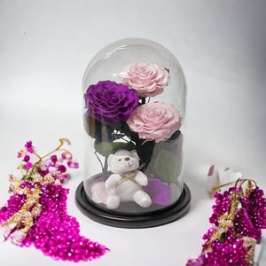 3 Trandafiri Criogenați Deosebiți Roz și Purpuriu în Cupolă de Sticlă Elegantă - Trandafir - Criogenat.ro