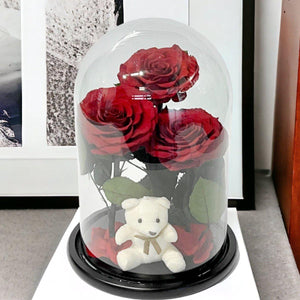 3 Trandafiri Criogenați Roșii Mari în Cupolă de Sticlă cu Ursuleț de Pluș Cadou - Trandafir - Criogenat.ro
