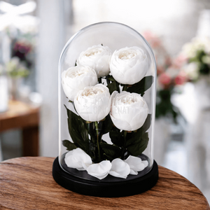 5 Bujori Criogenati Albi In Cupola De Sticla Mare Cu Mesaj Scris Diametru 5,5 Cm Cupola 17x28 Cm