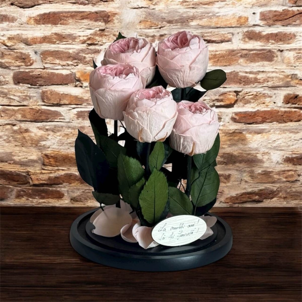 5 Bujori Criogenati Roz Cupola Din Sticla 6 - 7cm Cadou Mesaj In Cupola 17x28cm - Trandafir - Criogenat.ro