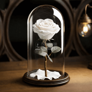 Trandafir Criogenat Alb În Cupolă De Sticlă Cu Mesaj Personalizat Grav Pe Placă Ovală Din Lemn Cadou Pentru Mama