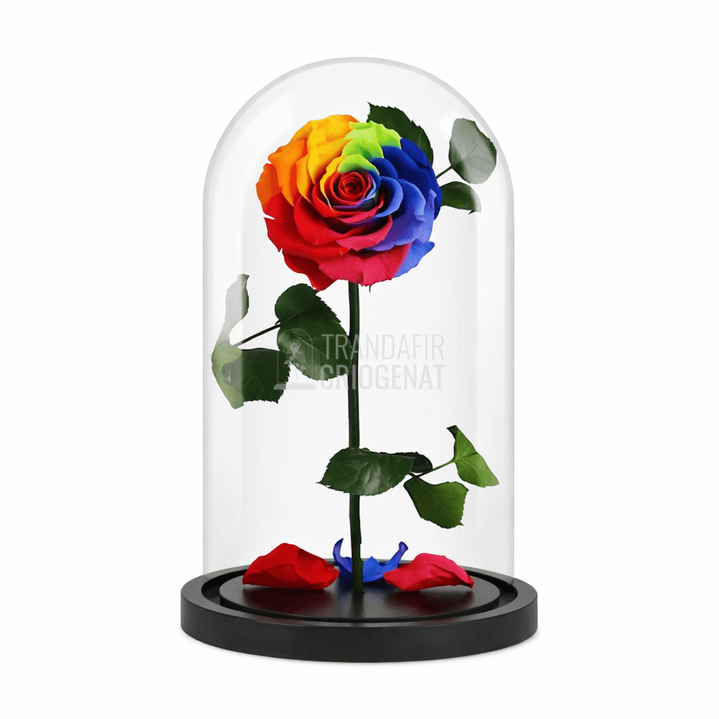 Trandafir Criogenat Bella Multicolor În Cupolă De Sticlă Un Cadou Elegant Pentru Femei Cu Mesaj Scris