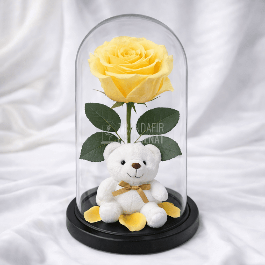 Trandafir Criogenat Galben În Cupolă De Sticlă Cu Ursuleț De Pluș Și Mesaj Personalizat Cadou Elegant