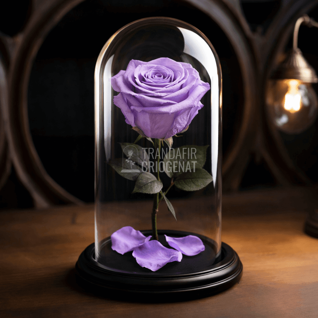 Trandafir Criogenat Lila În Cupolă De Sticlă Cu Mesaj Personalizat Cadou Deosebit Pentru Femei