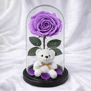 Trandafir Criogenat Lila În Cupolă De Sticlă Cu Ursuleț Și Mesaj Personalizat Cadou Pentru Femei
