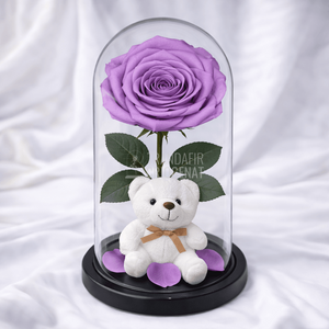 Trandafir Criogenat Mare Lila În Cupolă De Sticlă Cu Ursulet Și Mesaj Personalizat Scris