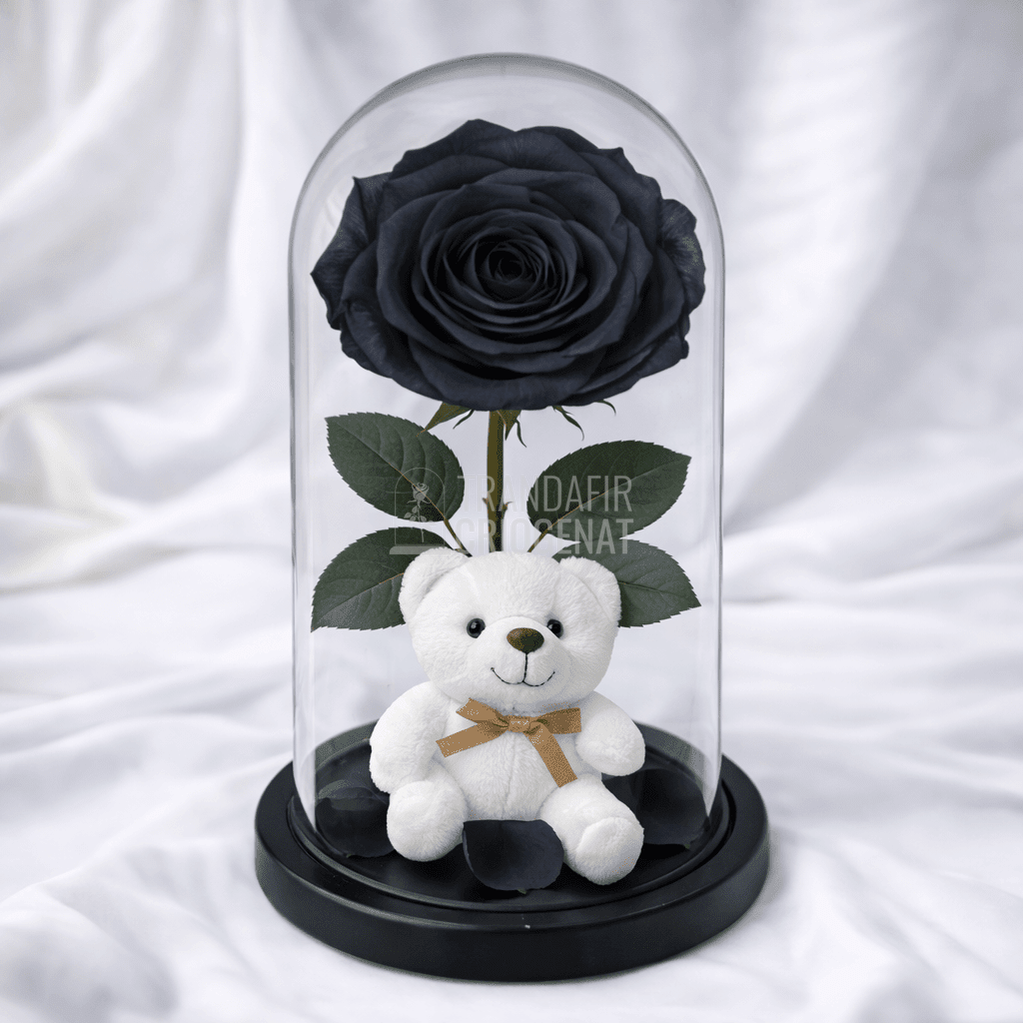 Trandafir Criogenat Negru În Cupolă De Sticlă Cu Ursuleț De Pluș Și Mesaj Personalizat
