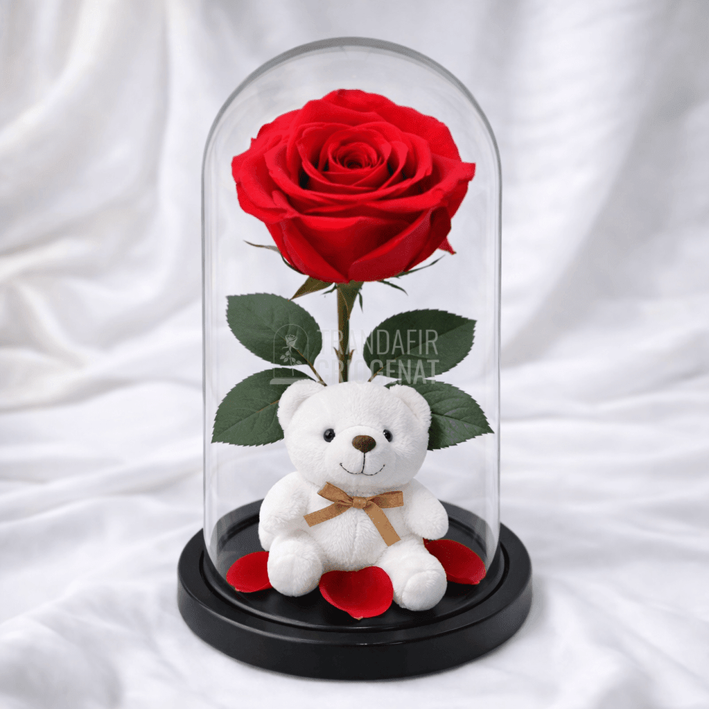 Trandafir Criogenat Roz Inchis In Cupolă De Sticlă 12x25 Cm Cu Ursulet De Pluș Alb Si Mesaj Personalizat