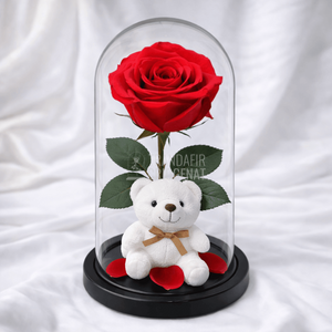 Trandafir Criogenat Roz Inchis In Cupolă De Sticlă 12x25 Cm Cu Ursulet De Pluș Alb Si Mesaj Personalizat