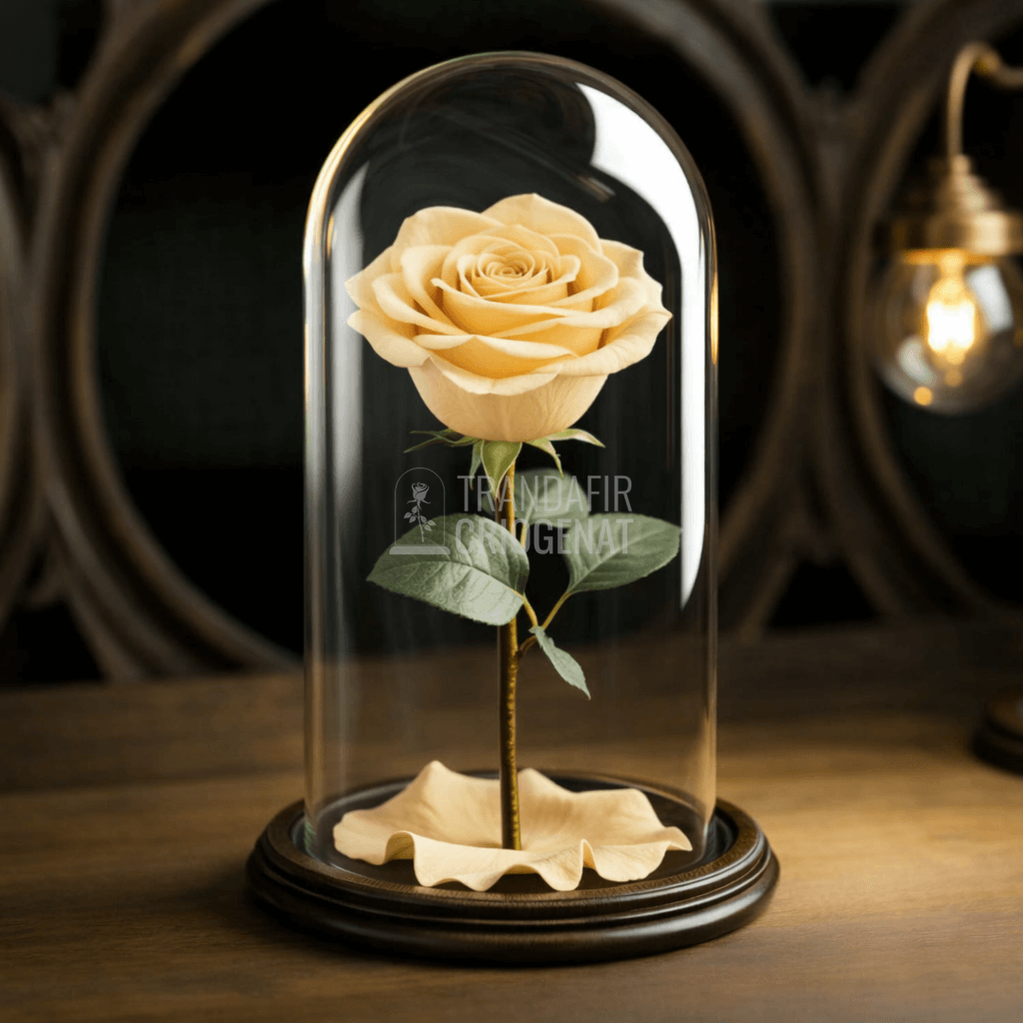 Trandafir Criogenat Șampanie Deschis In Cupolă De Sticlă Cu Mesaj Personalizat Pe Plăcuță Ovală Din Lemn Cadou Femei