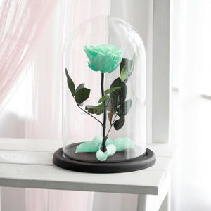 Trandafir Criogenat Turcoaz În Cupolă De Sticlă 12x25 Cm Cu Livrare Rapidă 24h Durată De Viață Până La 25 De Ani