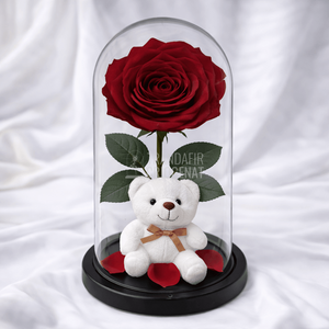 Trandafir Criogenat Visiniu in Cupolă de Sticlă cu Ursuleț de Pluș și Mesaj Personalizat