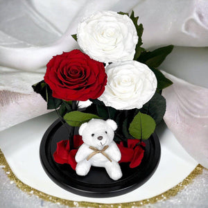 Aranjament Cu 3 Trandafiri Criogenati 2 Albi Si 1 Rosu In Cupola Sticla Ursulet - Trandafir - Criogenat.ro