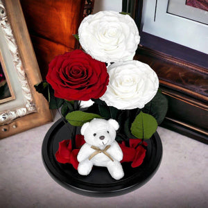 Aranjament Cu 3 Trandafiri Criogenati 2 Albi Si 1 Rosu In Cupola Sticla Ursulet - Trandafir - Criogenat.ro