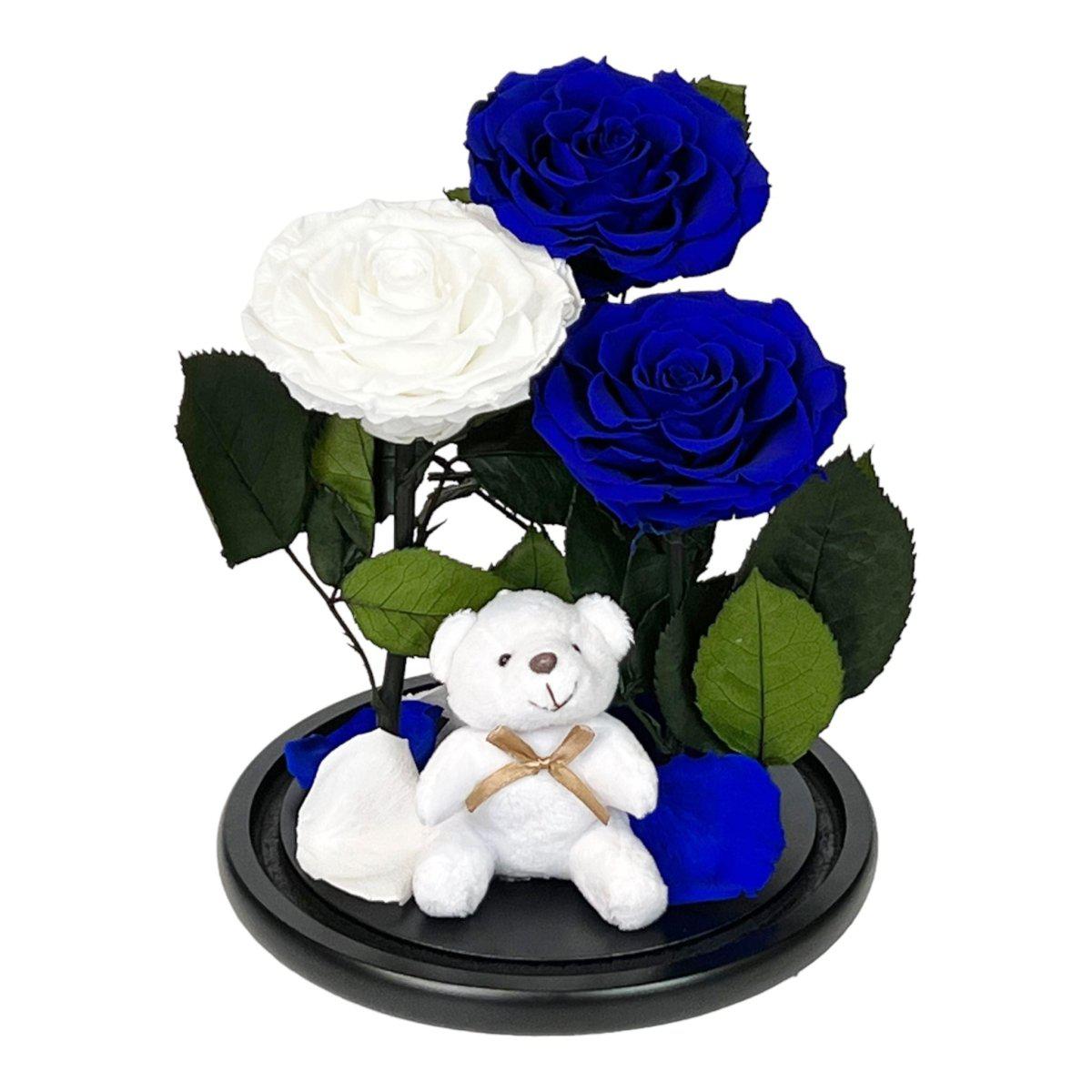 Aranjament Cu 3 Trandafiri Criogenati Albastri Alb Cupola Sticla Ursulet Plush - Trandafir - Criogenat.ro