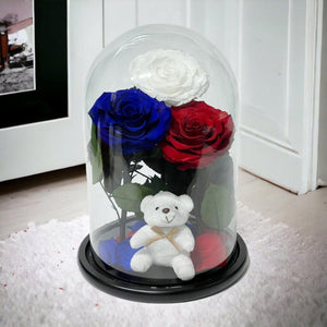 Aranjament Cu 3 Trandafiri Criogenati În Cupolă De Sticlă Alb Albastru Roșu - Trandafir - Criogenat.ro