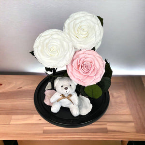 Aranjament Cu 3 Trandafiri Criogenati In Cupola De Sticla Cu Ursulet De Plus - Trandafir - Criogenat.ro