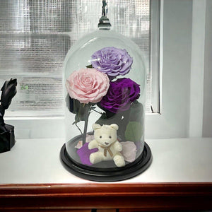 Aranjament Cu 3 Trandafiri Criogenati In Cupola De Sticla Lila Roz Purpuriu - Trandafir - Criogenat.ro