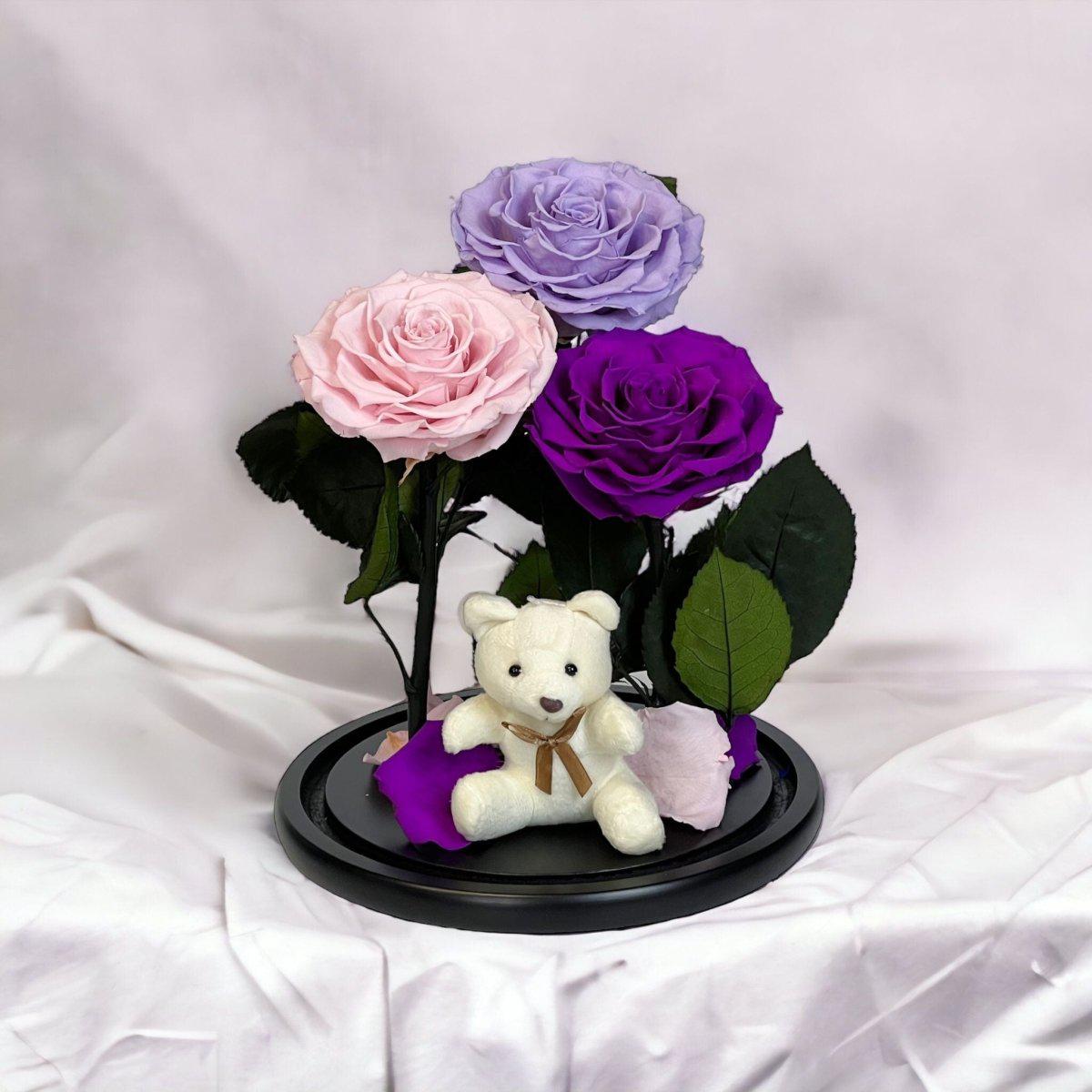 Aranjament Cu 3 Trandafiri Criogenati In Cupola De Sticla Lila Roz Purpuriu - Trandafir - Criogenat.ro