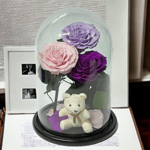 Aranjament Cu 3 Trandafiri Criogenati In Cupola De Sticla Lila Roz Purpuriu - Trandafir - Criogenat.ro