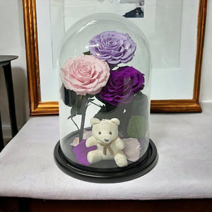 Aranjament Cu 3 Trandafiri Criogenati In Cupola De Sticla Lila Roz Purpuriu - Trandafir - Criogenat.ro