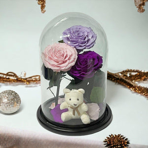 Aranjament Cu 3 Trandafiri Criogenati In Cupola De Sticla Lila Roz Purpuriu - Trandafir - Criogenat.ro