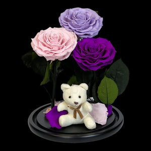 Aranjament Cu 3 Trandafiri Criogenati In Cupola De Sticla Lila Roz Purpuriu - Trandafir - Criogenat.ro