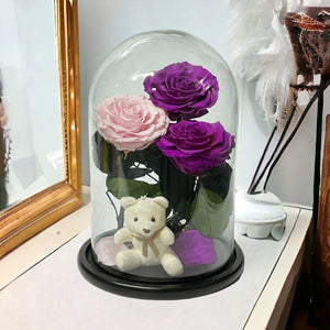 Aranjament Cu 3 Trandafiri Criogenati In Cupola De Sticla Roz Pal Purpurii - Trandafir - Criogenat.ro