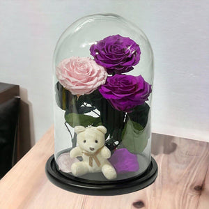 Aranjament Cu 3 Trandafiri Criogenati In Cupola De Sticla Roz Pal Purpurii - Trandafir - Criogenat.ro