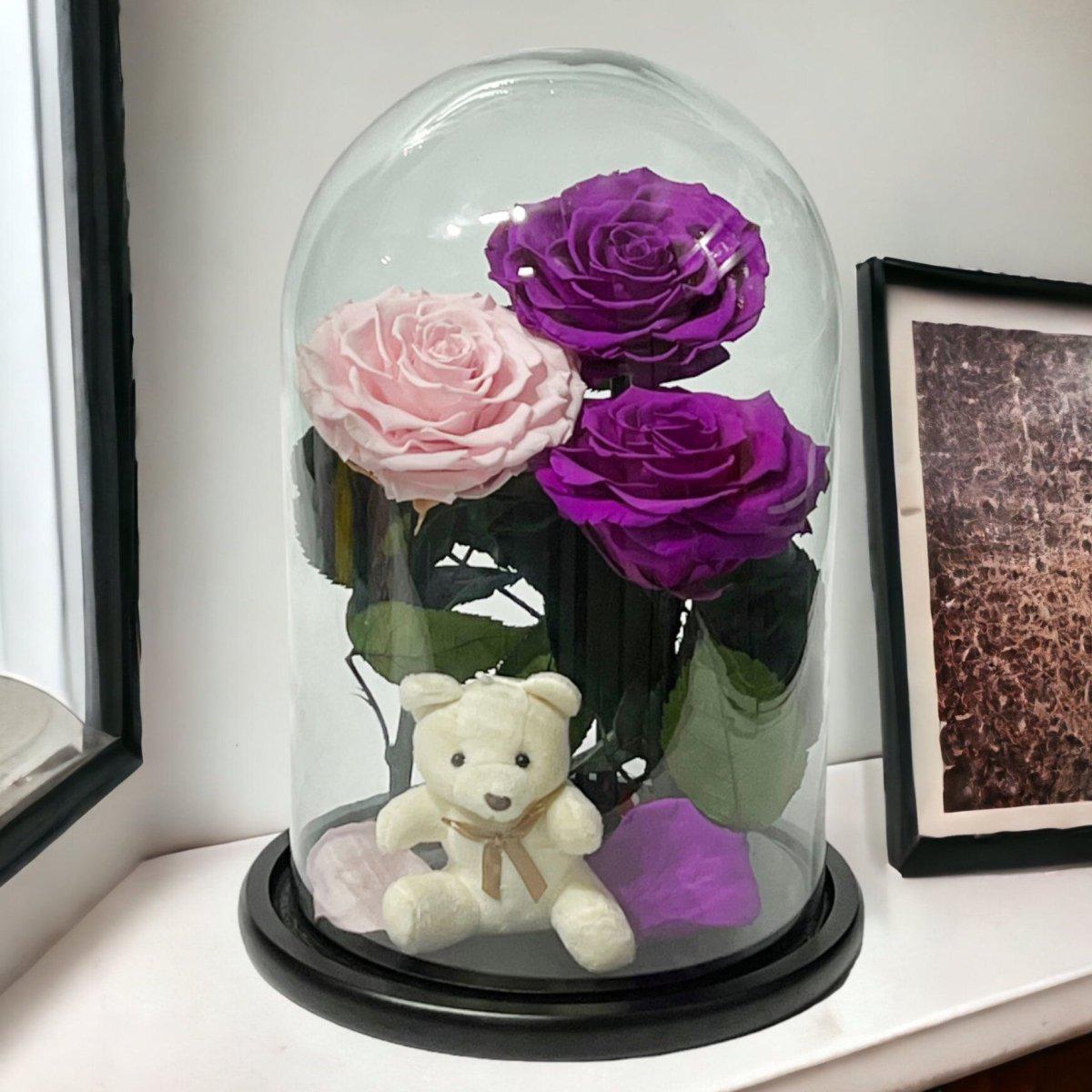 Aranjament Cu 3 Trandafiri Criogenati In Cupola De Sticla Roz Pal Purpurii - Trandafir - Criogenat.ro
