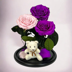 Aranjament Cu 3 Trandafiri Criogenati In Cupola De Sticla Roz Pal Purpurii - Trandafir - Criogenat.ro