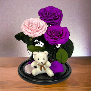 Aranjament Cu 3 Trandafiri Criogenati In Cupola De Sticla Roz Pal Purpurii - Trandafir - Criogenat.ro