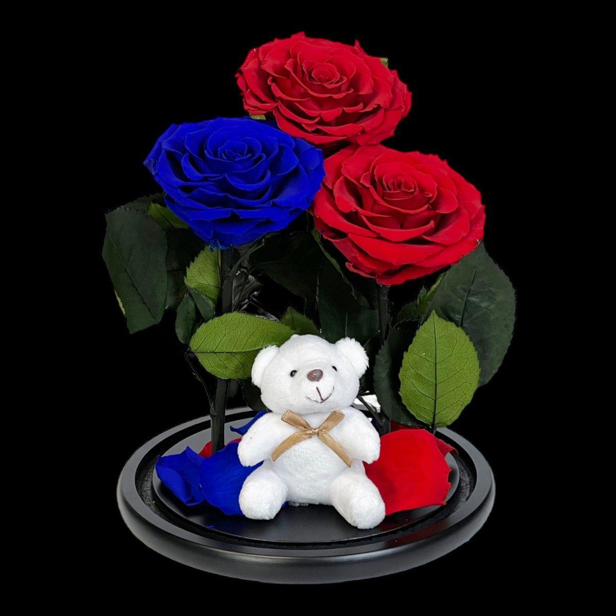 Aranjament Cu 3 Trandafiri Criogenati In Cupola Sticla 2 Rosii Si 1 Albastru - Trandafir - Criogenat.ro