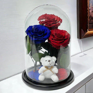 Aranjament Cu 3 Trandafiri Criogenati In Cupola Sticla 2 Rosii Si 1 Albastru - Trandafir - Criogenat.ro