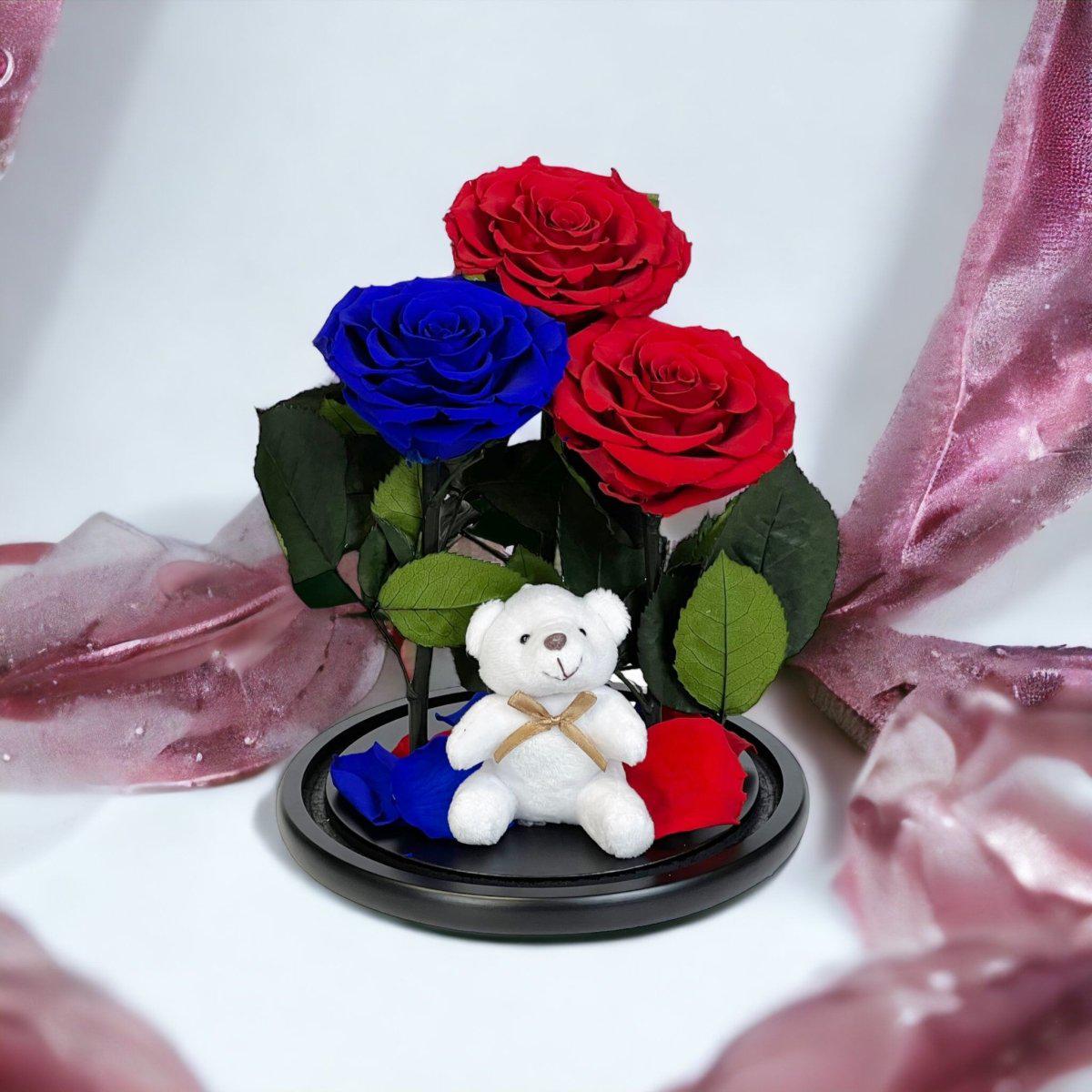 Aranjament Cu 3 Trandafiri Criogenati In Cupola Sticla 2 Rosii Si 1 Albastru - Trandafir - Criogenat.ro