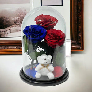Aranjament Cu 3 Trandafiri Criogenati In Cupola Sticla 2 Rosii Si 1 Albastru - Trandafir - Criogenat.ro