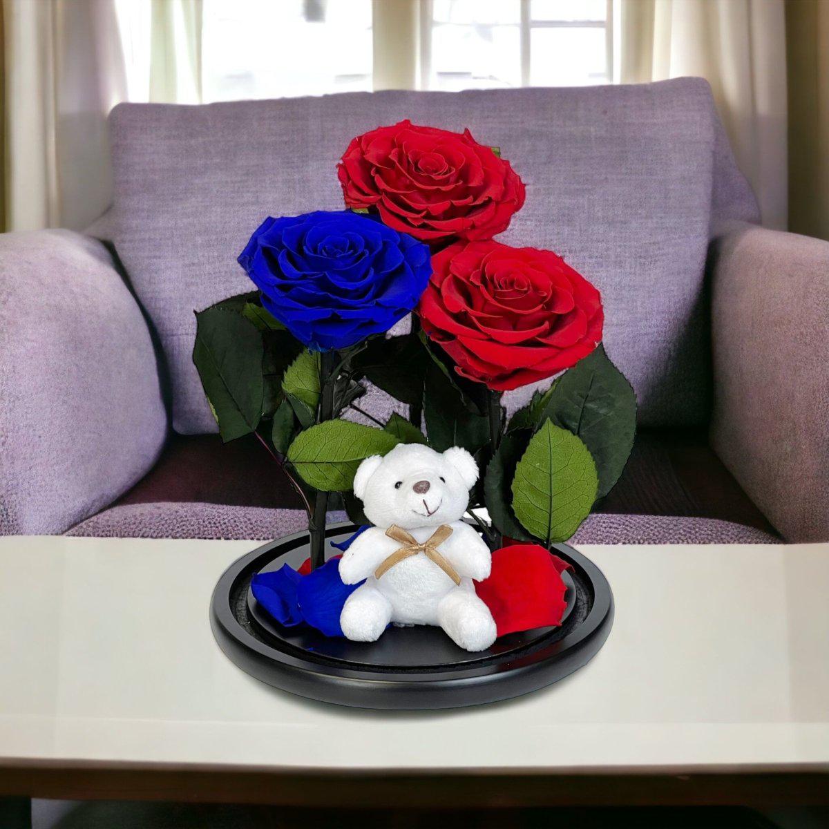 Aranjament Cu 3 Trandafiri Criogenati In Cupola Sticla 2 Rosii Si 1 Albastru - Trandafir - Criogenat.ro