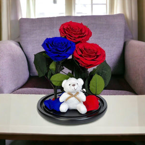 Aranjament Cu 3 Trandafiri Criogenati In Cupola Sticla 2 Rosii Si 1 Albastru - Trandafir - Criogenat.ro