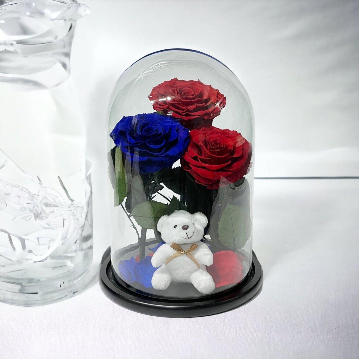 Aranjament Cu 3 Trandafiri Criogenati In Cupola Sticla 2 Rosii Si 1 Albastru - Trandafir - Criogenat.ro