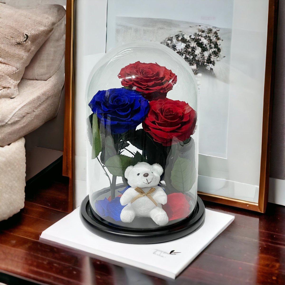 Aranjament Cu 3 Trandafiri Criogenati In Cupola Sticla 2 Rosii Si 1 Albastru - Trandafir - Criogenat.ro