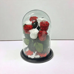 Aranjament Cu 7 Trandafiri Criogenati În Cupolă De Sticlă Cu Mesaj Personalizat - Trandafir - Criogenat.ro