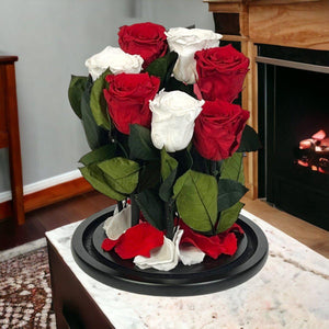 Aranjament Cu 7 Trandafiri Criogenati În Cupolă De Sticlă Cu Mesaj Personalizat - Trandafir - Criogenat.ro