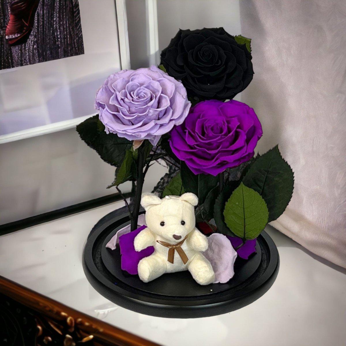 Aranjament Cu Trei Trandafiri Criogenati Sub Cupolă De Sticlă Cadou Special - Trandafir - Criogenat.ro