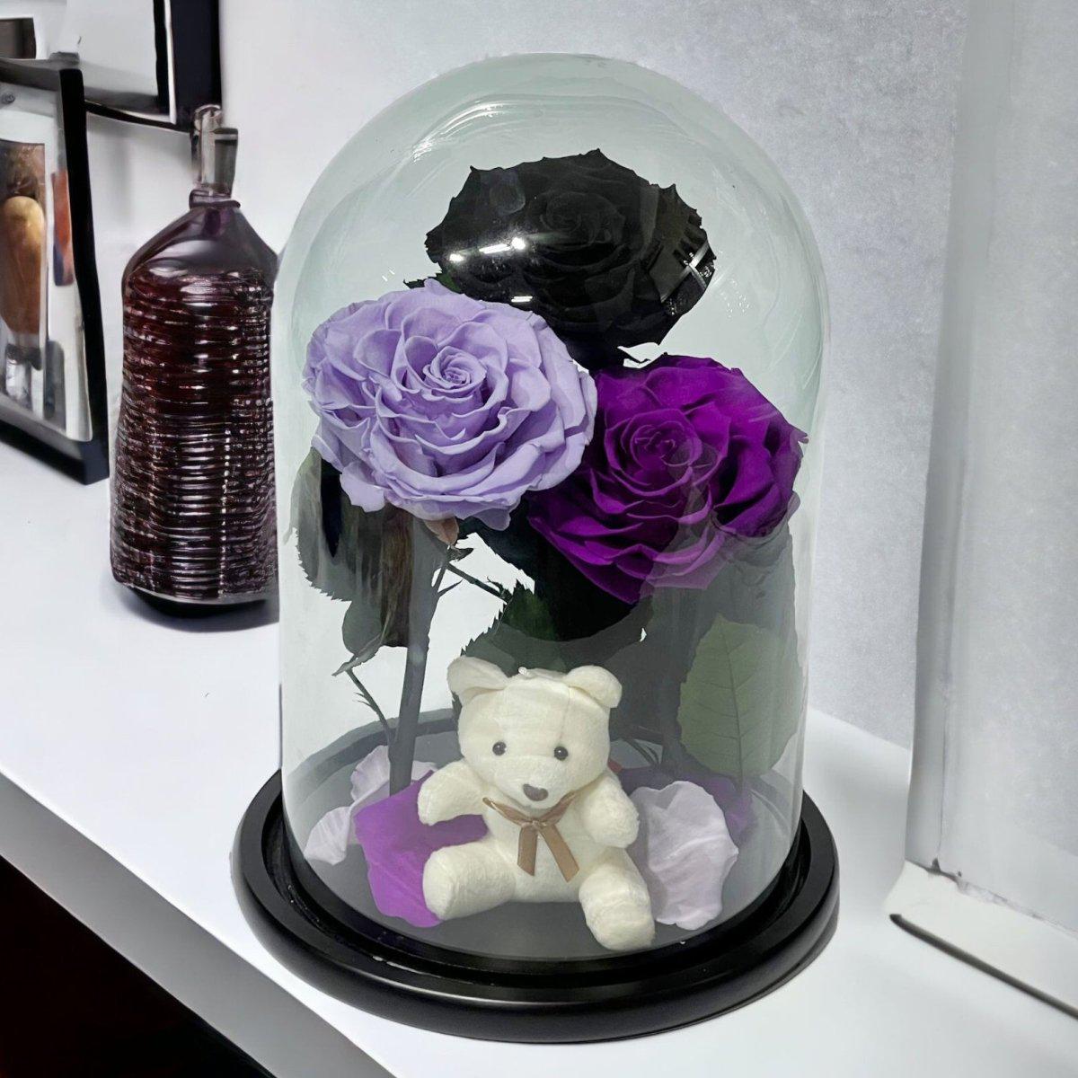 Aranjament Cu Trei Trandafiri Criogenati Sub Cupolă De Sticlă Cadou Special - Trandafir - Criogenat.ro